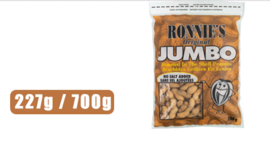 1 Case 12 Pack RONNIE’S No Salt Added Jumbo Peanuts In Shell, 700g