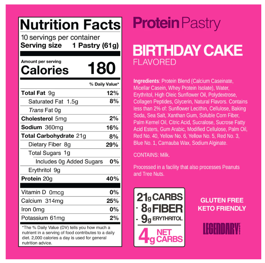 1 Case, Legendary Foods Protein Pastry - Birthday Cake 10x61g