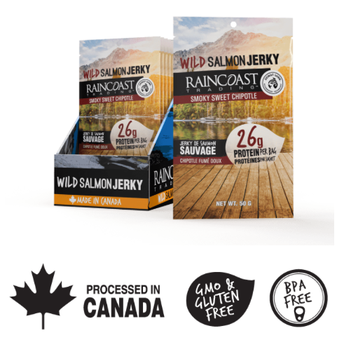 1 Case - Raincoast Trading, 24 Pack - Wild Salmon Jerky Smoky Sweet Chipotle