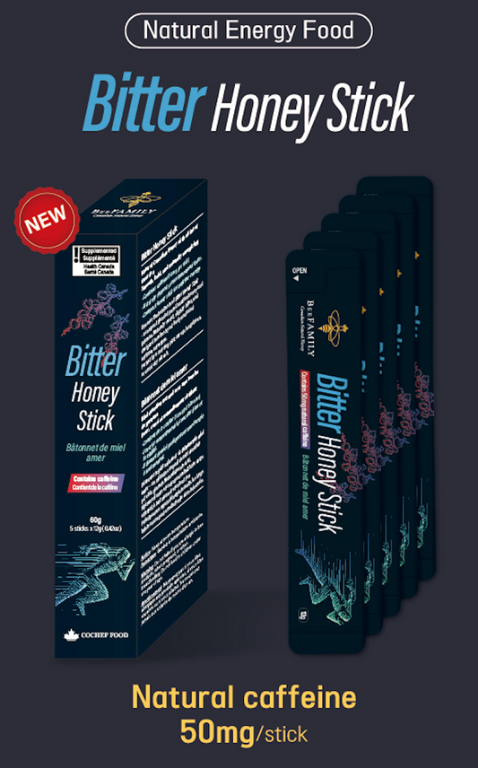 Bitter Honey Sticks with Natural Caffeine - 1 Case (12 Packs, 60 Sticks Total)