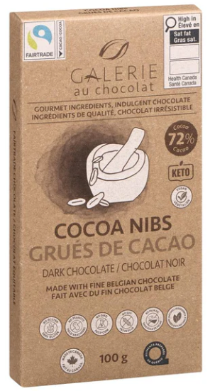 GALERIE AU CHOCOLAT, Dark Chocolate Cocoa Nibs Bar - 1 Case (8 Pack x 100G)
