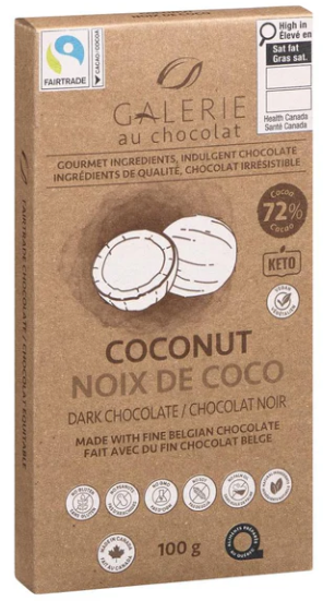 GALERIE AU CHOCOLAT, Dark Chocolate Coconut Bar - 1 Case (8 Pack x 100G)