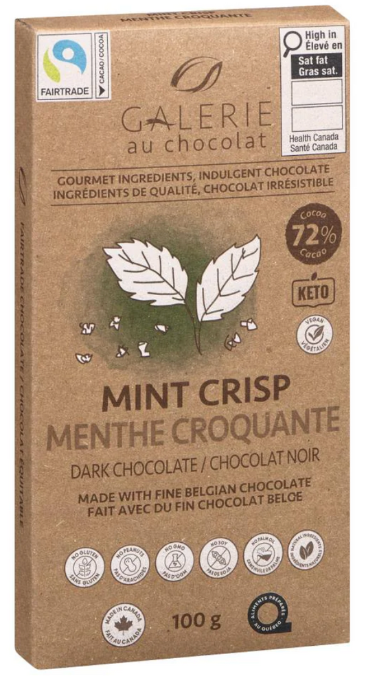 GALERIE AU CHOCOLAT, Dark Chocolate Mint Crisp Bar - 1 Case (8 pack x 100G)