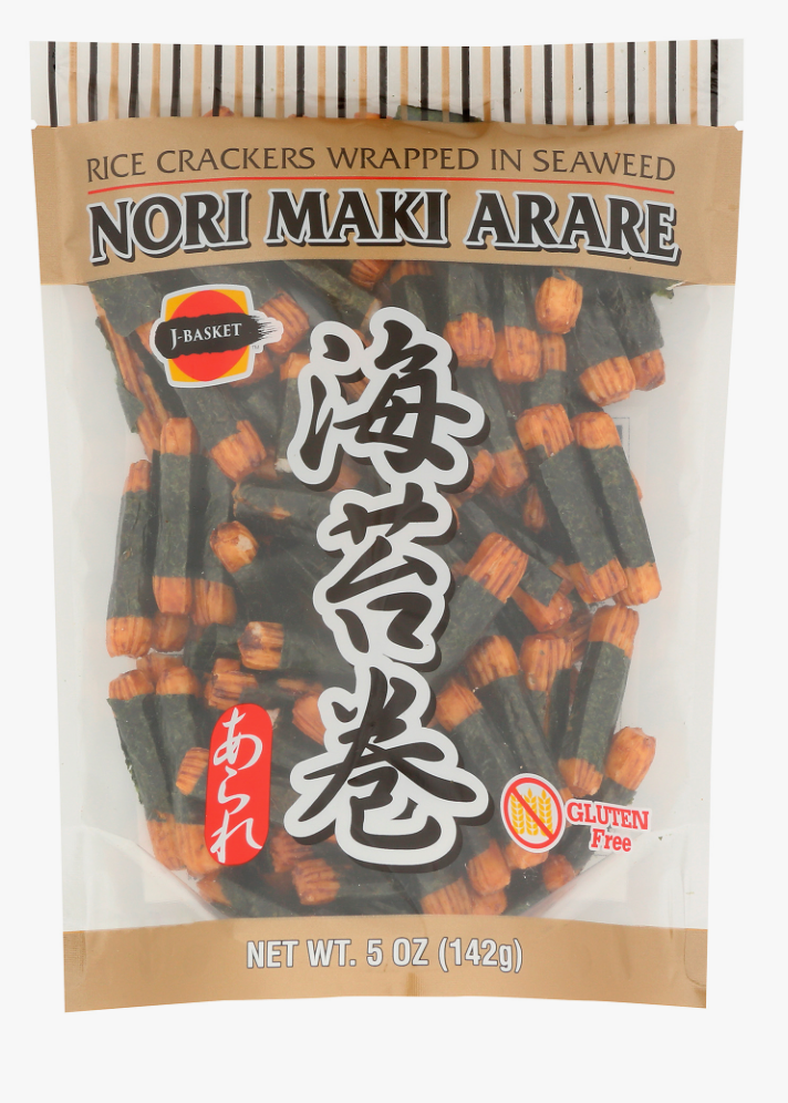 1 Case, J-BASKET GF NORIMAKI ARARE RICE CRACKERS WRAPPED in SEAWEED (24x142g)