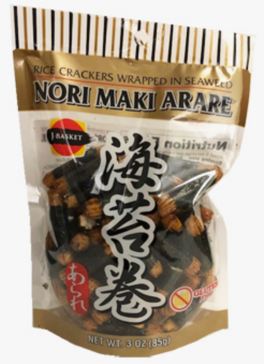 1 Case, J-BASKET GF NORIMAKI ARARE RICE CRACKERS WRAPPED in SEAWEED (24x85g)